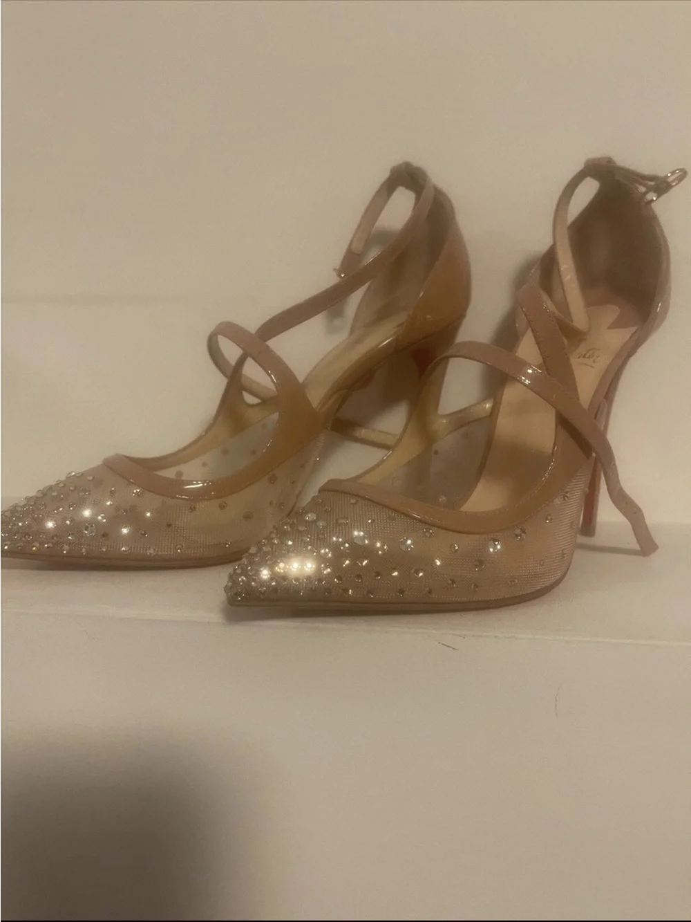 Loubitin Elegant Nude Crystal-Embellished Pointed-Toe Heels